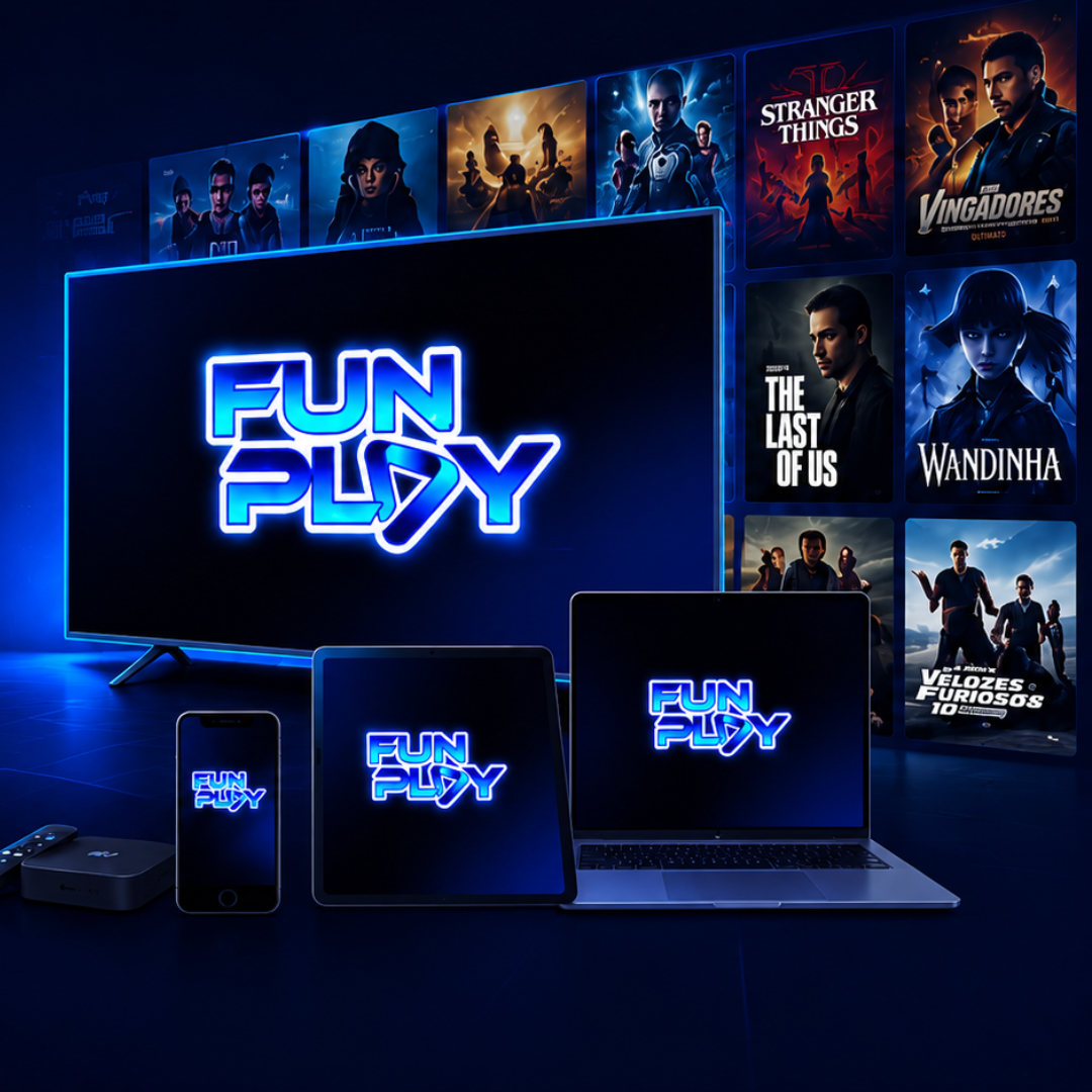 Interface do aplicativo Fun Play com catálogo de filmes e séries